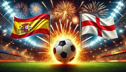 Fototapeta premium Spain vs England football match, Spanish flag, English flag, stadium and soccer ball, Euro 2024, UEFA European Football Championship 2024, final