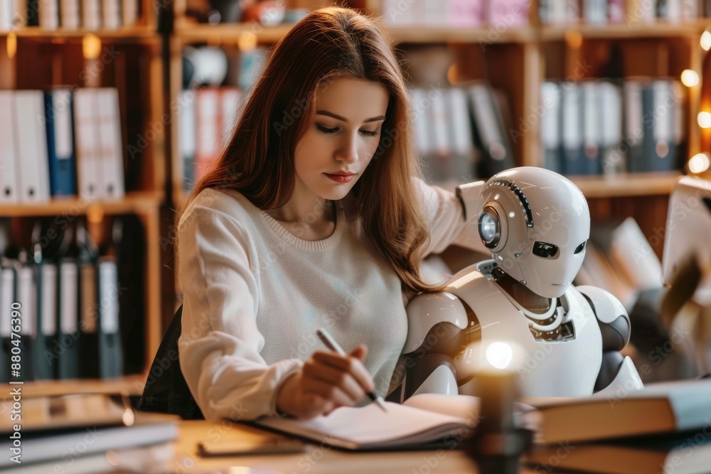 Poster human-robot hybrid writing notes in hi-tech setup, highlighting integrating advanced tech with human