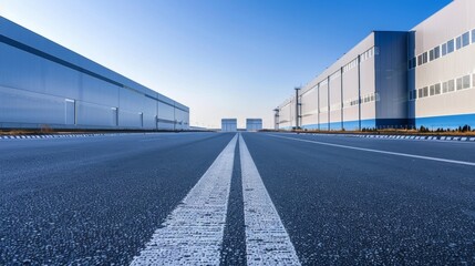 Obraz premium Wide empty road flanked by two tall buildings