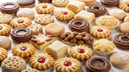 Assorted shortbread cookies arranged artfully on a pristine white background, showcasing a delectable array of crumbly, buttery, and sweet treats.