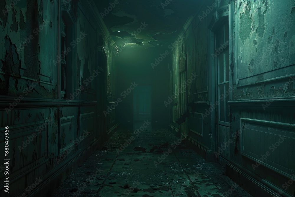 Poster a dimly lit hallway with a light source shining on the floor