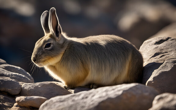 A viscacha basking in the early morning sun on a rocky Andean plateau, its long whiskers twitching
