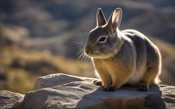 A viscacha basking in the early morning sun on a rocky Andean plateau, its long whiskers twitching