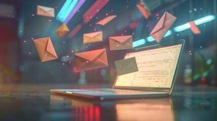3d render of laptop with flying envelopes and letter, illustrating the concept of email marketing