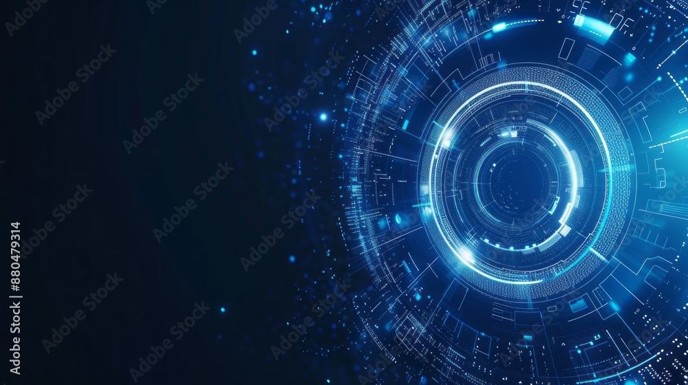 Poster futuristic blue technology background with digital tech circle, circuit patterns, and binary code fo