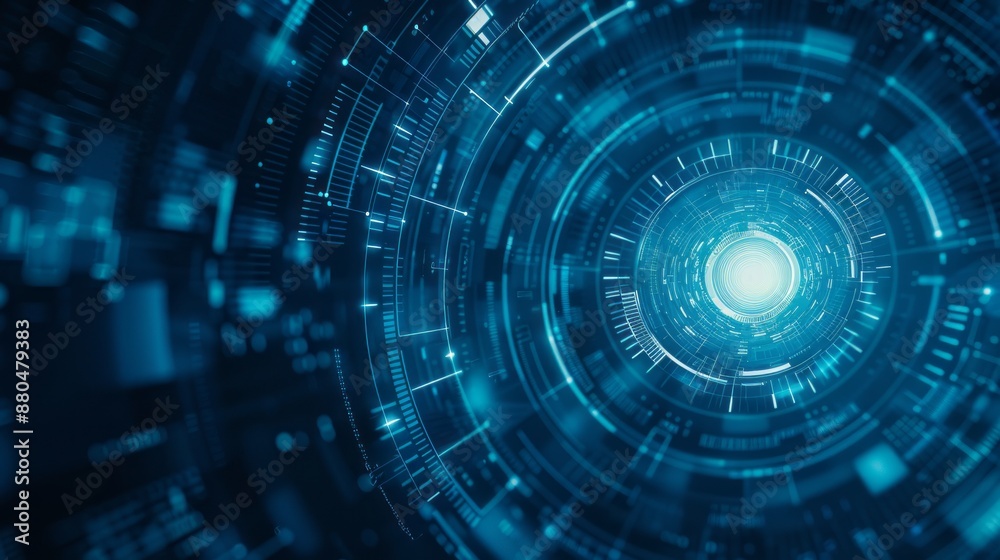 Poster futuristic blue technology background with digital tech circle, circuit patterns, and binary code fo
