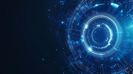 Futuristic blue technology background with digital tech circle, circuit patterns, and binary code for cutting-edge design