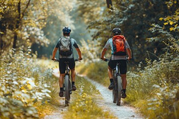 Two cyclists riding through a sunlit forest trail.