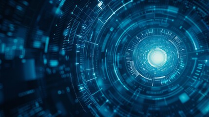 Futuristic blue technology background with digital tech circle, circuit patterns, and binary code for cutting-edge design