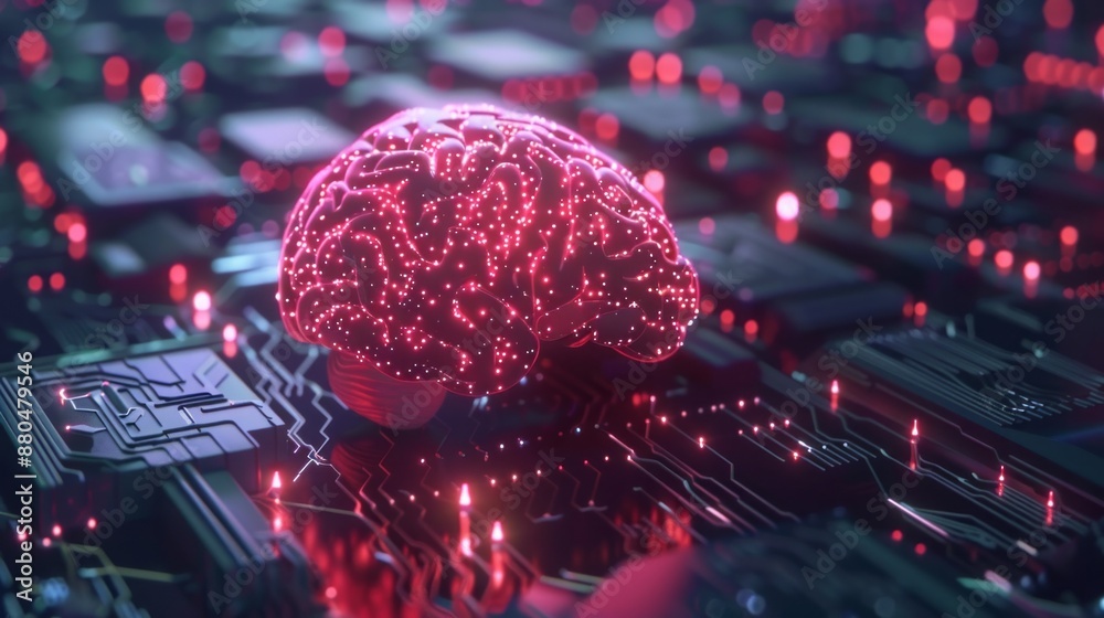 Poster 3d illustration of brain processor concept with artificial intelligence technology highlighting neur