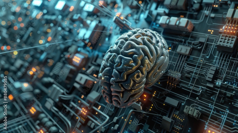 Poster 3d illustration of brain processor concept with artificial intelligence technology highlighting neur