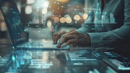  Businessman hand operating modern computer with business strategy interface, digital technology concept for corporate innovation, data analysis, and financial growth in professional work environment