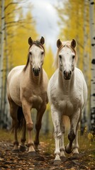 Obraz premium two horses are standing in the woods, one of them has a white patch on his forehead.