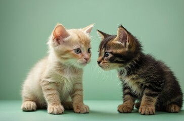 Two adorable and curious kittens on green background