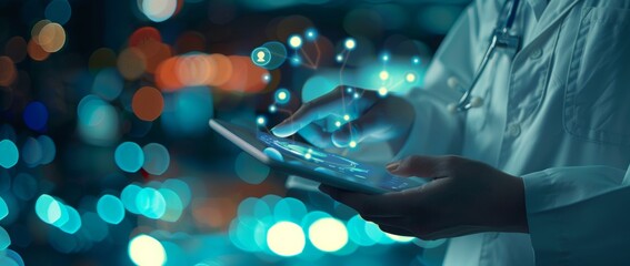 Medical doctor touching electronic medical record on tablet. Digital healthcare and network connection on hologram virtual screen interface, medical technology and futuristic concept.