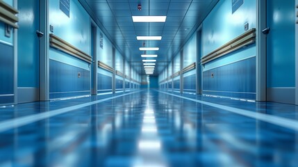 The background of a hospital corridor or clinic image is blurred