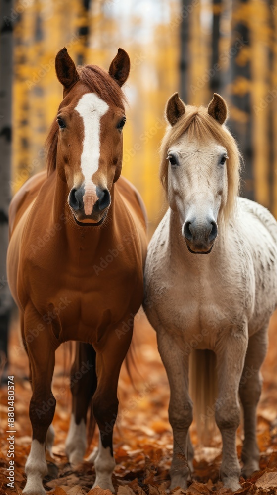 Wall mural two horses are standing in the woods, one of them has a white patch on his forehead.