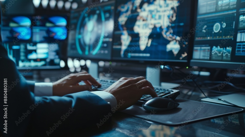 Poster close up of office specialist working on desktop computer in a modern technological monitoring contr