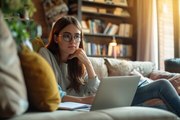 A front view of a young Caucasian woman on her laptop at home studying - Girl reading a book preparing an exam test and having a consultation online - Education and learning concept