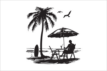 Beach Landscape Silhouette vector with plam tree. umbralla on white color background. Beach silhouette Vector. 