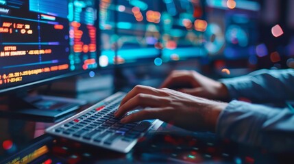 Close up of office specialist working on desktop computer in a modern technological monitoring control room with digital screens, manager typing on keyboard and using mouse, advanced tech workspace, d