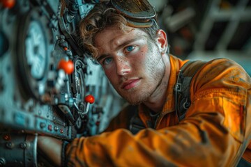 An engineer performs maintenance on heavy machinery in an industrial setting, showcasing skill, precision, and the importance of maintenance in technology and industry.