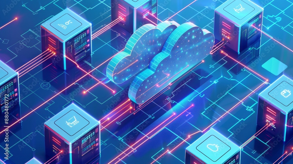 Poster cloud computing and online storage technology concept - network of business computers connected to i