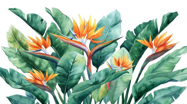 Watercolor Painting of Bird of Paradise Flowers and Lush Leaves.