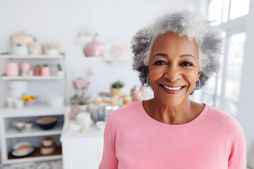 Close up photo of a happy senior African American woman in pastel shirt taking a selfie