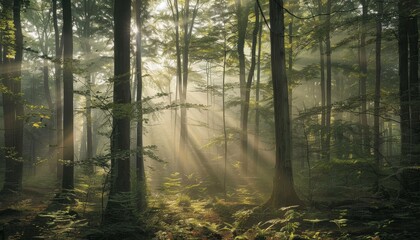 Obraz premium Serene Forest Scene with Sunlight Filtering Through Lush Greenery