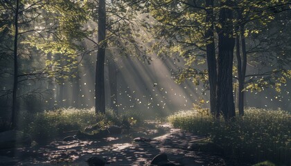 Obraz premium Serene Forest Scene with Sunlight Filtering Through Lush Greenery