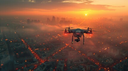 Fototapeta premium Drone surveillance, high-tech quadcopter, urban landscape, aerial view, advanced optics