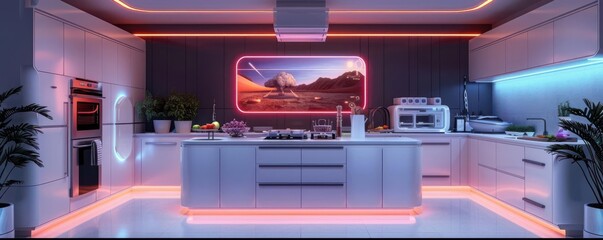 Futuristic kitchen simulation showcasing holographic displays, interactive VR cooking, advanced technology, clean and modern design, neon accents