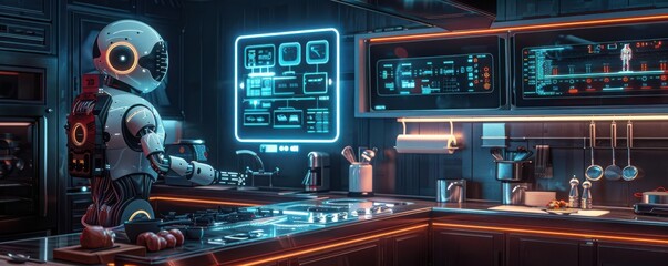 Futuristic kitchen showcasing a robotic chef assistant, advanced AI, holographic interfaces, sleek and modern design, neon accents, detailed illustration