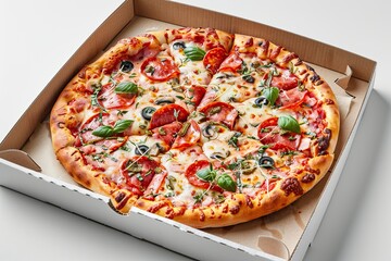 Delicious cheesy pizza with various toppings in an open cardboard box
