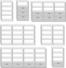 3d White Floating shelves on a white wall background	
