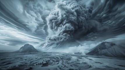 Aerial View of Explosive Volcanic Eruption. A powerful aerial view of an explosive volcanic eruption, featuring massive ash clouds and lava flows under a dramatic sky.