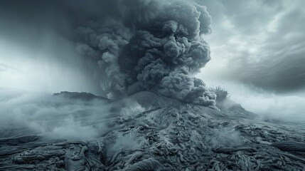 Aerial View of Explosive Volcanic Eruption. A powerful aerial view of an explosive volcanic eruption, featuring massive ash clouds and lava flows under a dramatic sky.