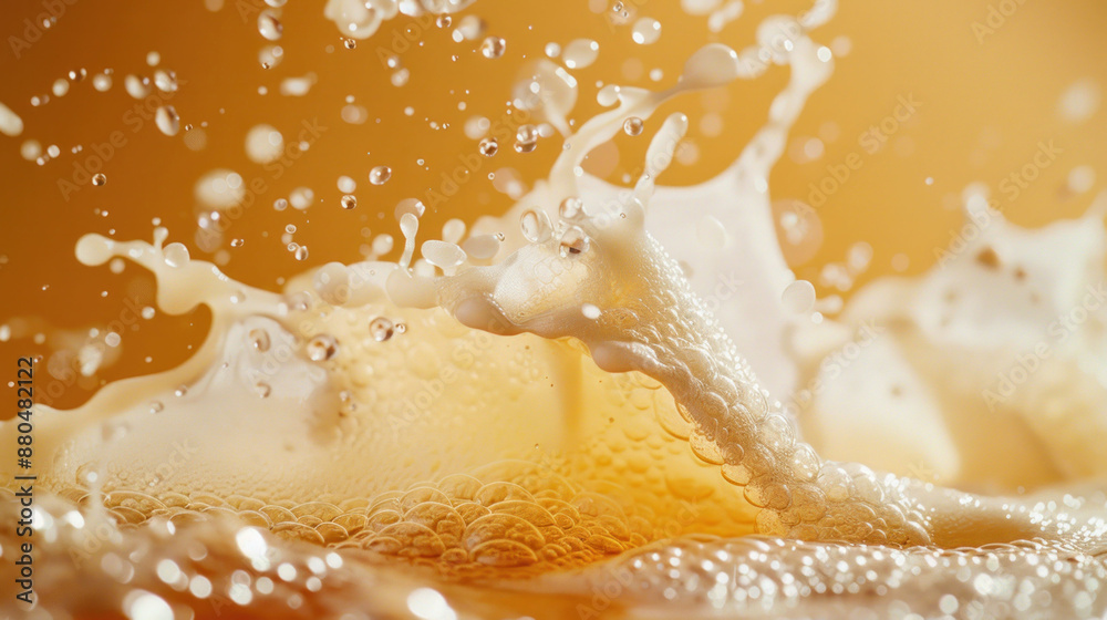 Poster Refreshing Beer Splash with Foam and Bubbles on Studio Background