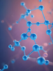 molecule structure with blue atoms connected by bonds, on blue background.