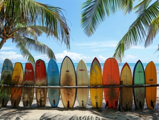 A row of colorful surfboards standing upright in the sand on a tropical beach under a clear blue sky