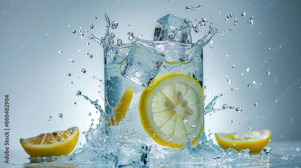 Poster Refreshing Lemonade Splash with Ice Cubes in Studio Setting