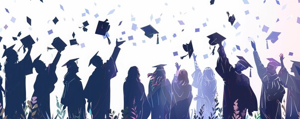 Group of silhouette graduate students tossing caps into the air, joyful celebration, clear sky background, isolated on white background, copy space