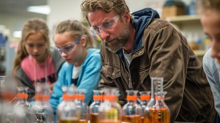 A science teacher wearing safety glasses leans down to watch as his students experiment with beakers filled with orange liquid