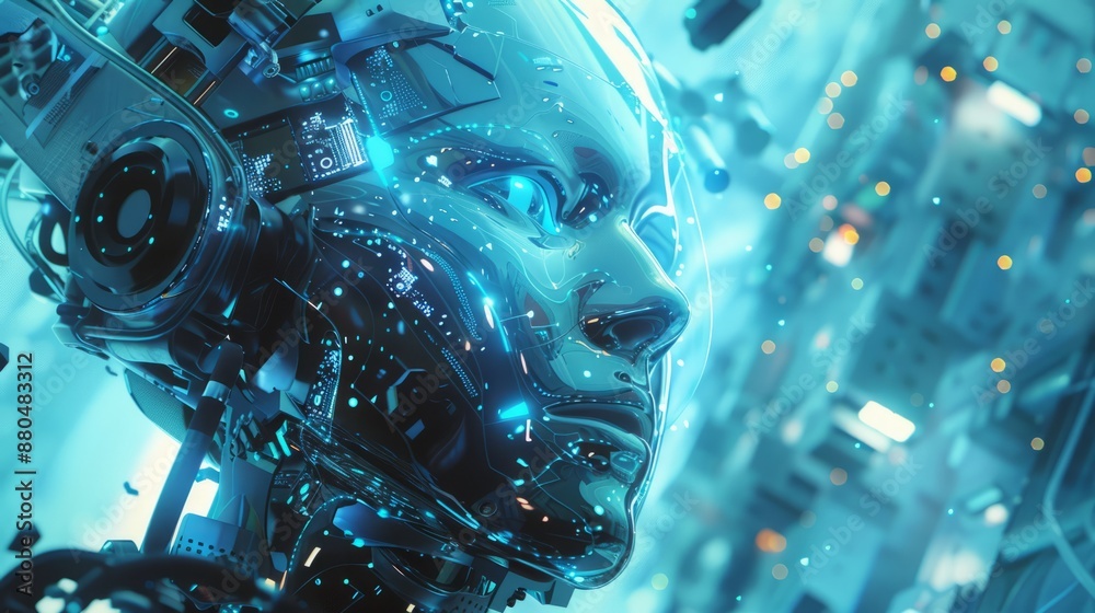 Poster conceptual technology illustration featuring artificial intelligence with futuristic digital interfa