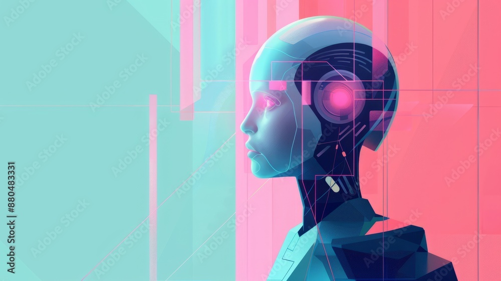Poster conceptual technology illustration featuring artificial intelligence with futuristic digital interfa