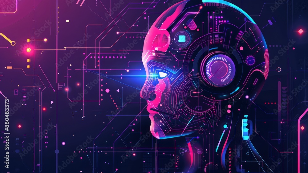 Poster Conceptual technology illustration featuring artificial intelligence with futuristic digital interface, neural networks, and machine learning algorithms, highlighting advanced ai technologies and inno