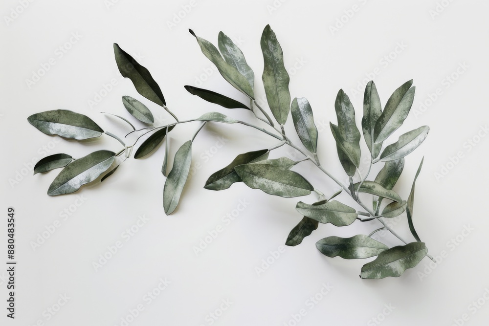 Aufkleber A single branch of green leaves on a white surface, perfect for using in designs and compositions