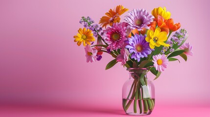 Naklejka premium A colorful flower bouquet in a glass vase against a pink background.
