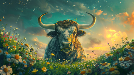 Taurus, the Bull. The Bull is depicted with strong. The background features lush, green fields and blooming flowers, symbolizing the earth sign of Taurus